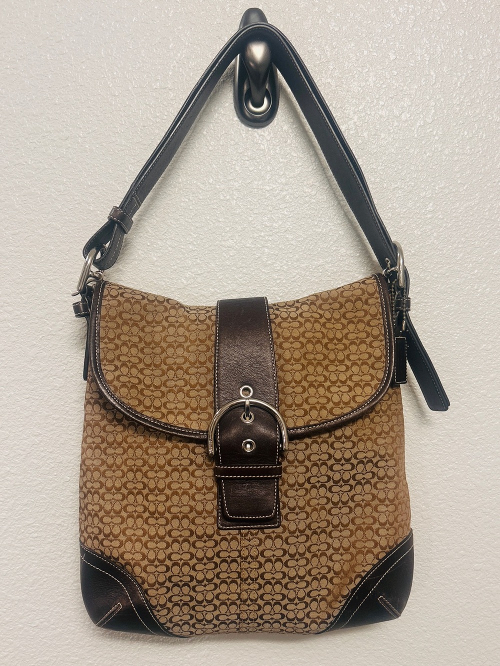 Vintage Y2K Coach Brown Signature Jacquard Flap Shoulder Bag with hang tag